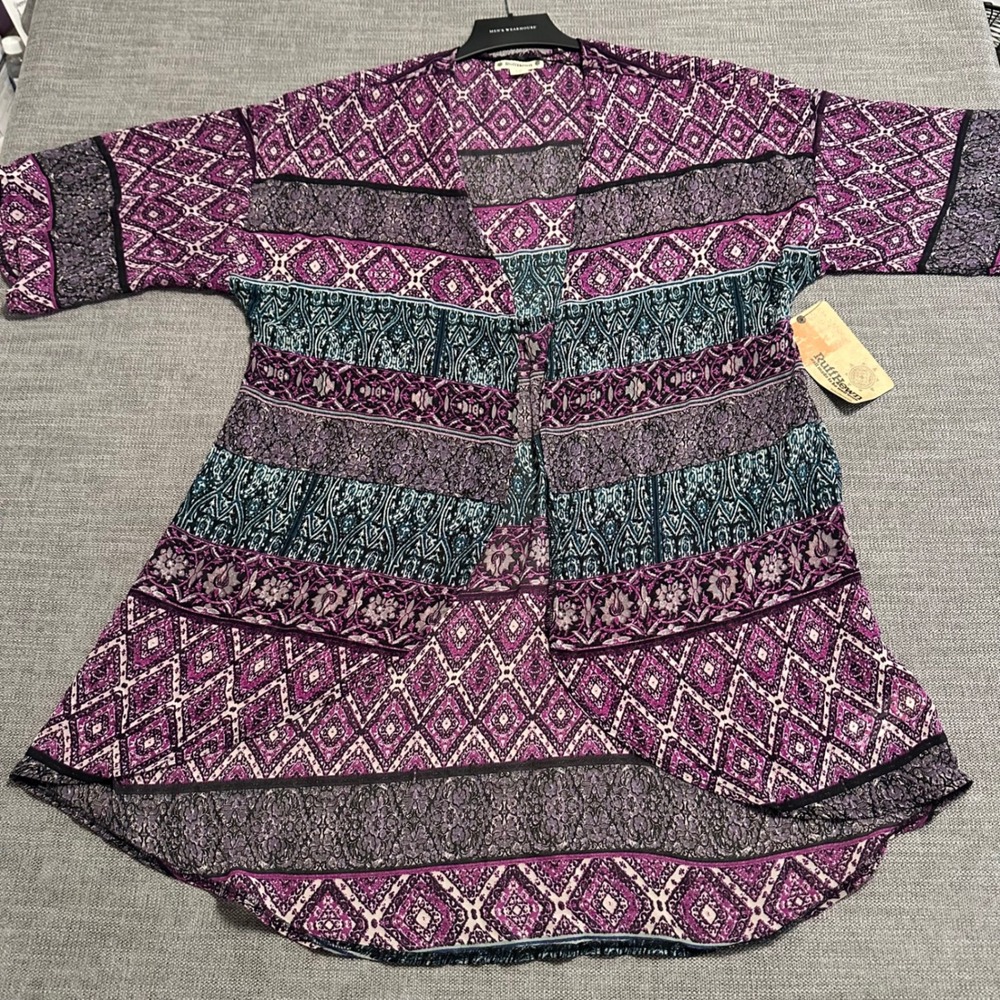 RuffHewn Kimono Cardigan Women 1X Purple NWT Boho Geometric High Low Mixed Print